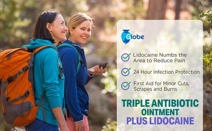 Globe First Aid Antibiotische Salbe + Lidocain (2er-Pack) 1 Unze – Maximalstärke & schnell wirkendes topisches Schmerzmittel, 24-Stunden-Infektionsschutz mit betäubender Wirkung, Bacitracin Zink