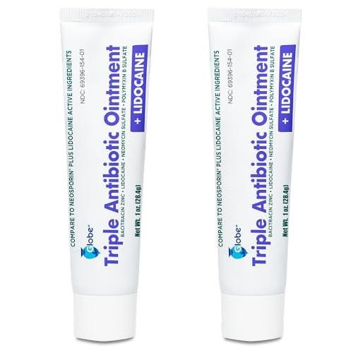 Globe First Aid Antibiotische Salbe + Lidocain (2er-Pack) 1 Unze – Maximalstärke & schnell wirkendes topisches Schmerzmittel, 24-Stunden-Infektionsschutz mit betäubender Wirkung, Bacitracin Zink