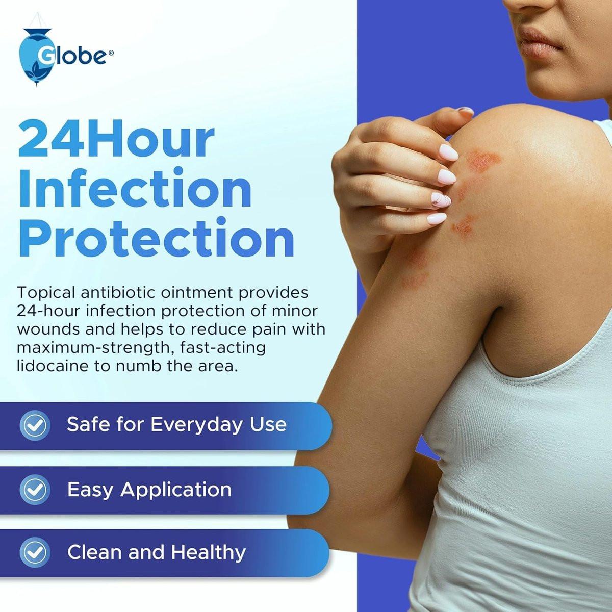 Globe First Aid Antibiotische Salbe + Lidocain (2er-Pack) 1 Unze – Maximalstärke & schnell wirkendes topisches Schmerzmittel, 24-Stunden-Infektionsschutz mit betäubender Wirkung, Bacitracin Zink