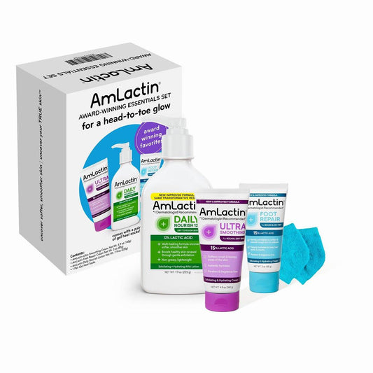 AmLactin Award-Winning Essentials Hautpflege-Set – Tägliche Nourish 12% Lotion, Ultra Glättende Creme, Fußreparaturcreme & Feuchtigkeitsspendende Socken – Milchsäure-Feuchtigkeitscreme-Geschenkset für die ganze Körperhauterneuerung