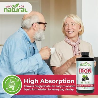 Why Not Natural Flüssiges Eisenpräparat für Frauen, Männer und Kinder – Vegane Formel gegen Anämie, zuckerfrei, vegan, nicht-GVO, Bio-Brombeergeschmack 16 Fl Oz