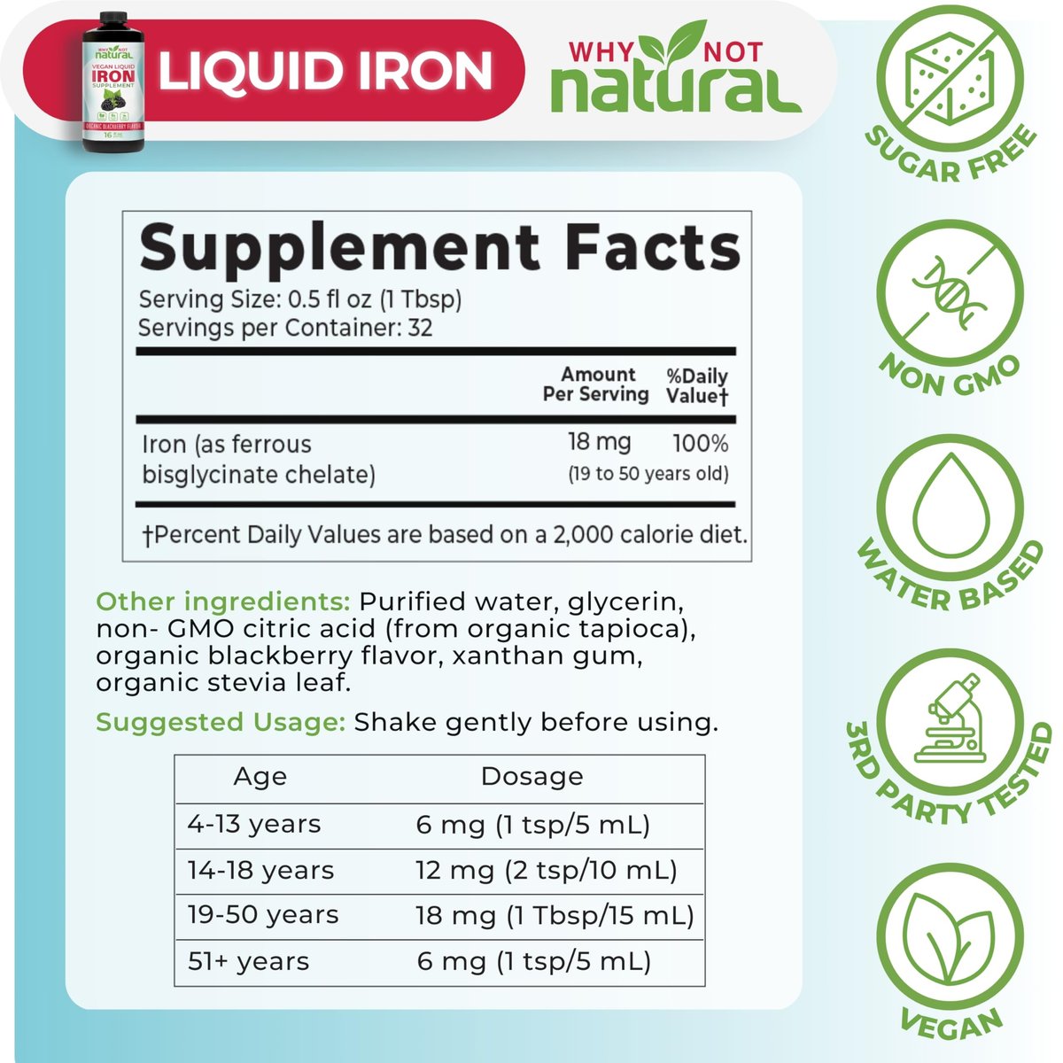 Why Not Natural Flüssiges Eisenpräparat für Frauen, Männer und Kinder – Vegane Formel gegen Anämie, zuckerfrei, vegan, nicht-GVO, Bio-Brombeergeschmack 16 Fl Oz