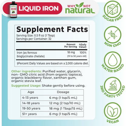 Why Not Natural Flüssiges Eisenpräparat für Frauen, Männer und Kinder – Vegane Formel gegen Anämie, zuckerfrei, vegan, nicht-GVO, Bio-Brombeergeschmack 16 Fl Oz