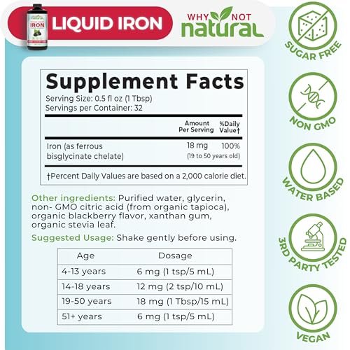 Why Not Natural Flüssiges Eisenpräparat für Frauen, Männer und Kinder – Vegane Formel gegen Anämie, zuckerfrei, vegan, nicht-GVO, Bio-Brombeergeschmack 16 Fl Oz