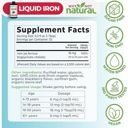 Why Not Natural Flüssiges Eisenpräparat für Frauen, Männer und Kinder – Vegane Formel gegen Anämie, zuckerfrei, vegan, nicht-GVO, Bio-Brombeergeschmack 16 Fl Oz