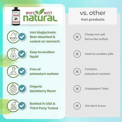 Why Not Natural Flüssiges Eisenpräparat für Frauen, Männer und Kinder – Vegane Formel gegen Anämie, zuckerfrei, vegan, nicht-GVO, Bio-Brombeergeschmack 16 Fl Oz