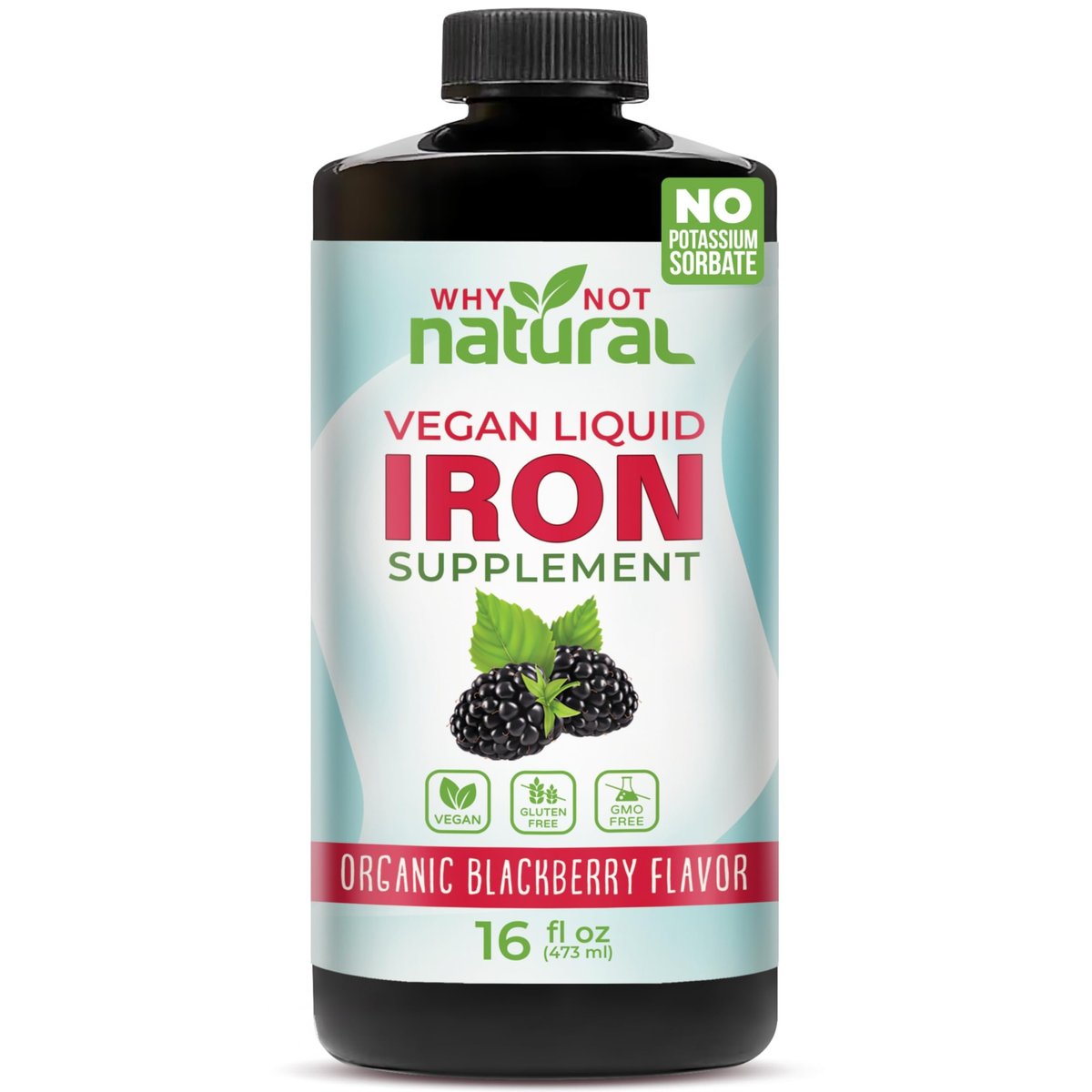 Why Not Natural Flüssiges Eisenpräparat für Frauen, Männer und Kinder – Vegane Formel gegen Anämie, zuckerfrei, vegan, nicht-GVO, Bio-Brombeergeschmack 16 Fl Oz