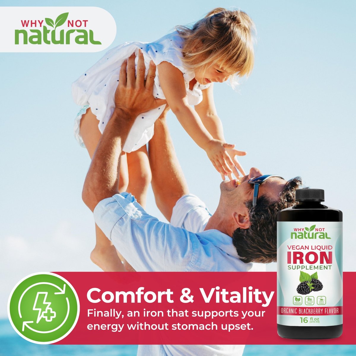 Why Not Natural Flüssiges Eisenpräparat für Frauen, Männer und Kinder – Vegane Formel gegen Anämie, zuckerfrei, vegan, nicht-GVO, Bio-Brombeergeschmack 16 Fl Oz