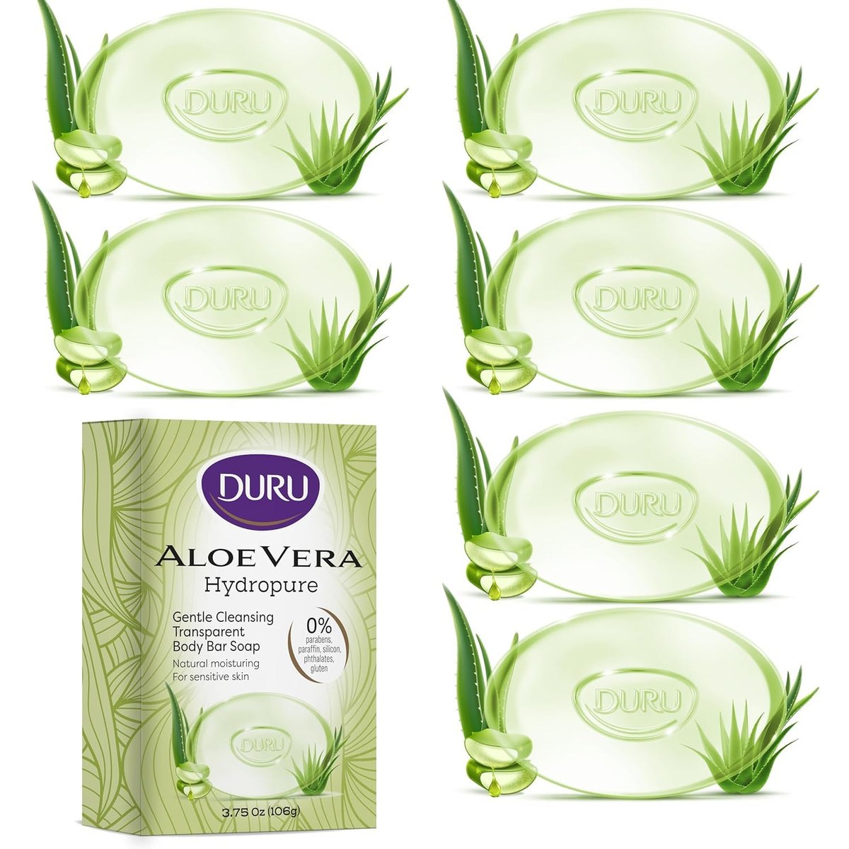 Duru Aloe Vera Glycerin Seife – Feuchtigkeitsspendende, vegane, transparente Reinigungsseife für empfindliche Haut – Parabenfrei, alkoholfrei, silikonfrei, phthalatfrei, glutenfrei – 6er-Pack (je 106 g)