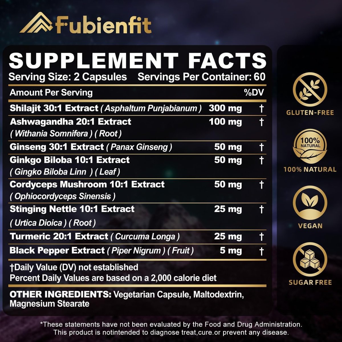 Fubienfit Shilajit Kapseln – Premium Shilajit für Männer mit Ashwagandha, Ginseng und Fulvinsäure – 120 Kapseln