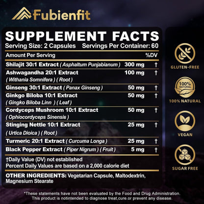 Fubienfit Shilajit Kapseln – Premium Shilajit für Männer mit Ashwagandha, Ginseng und Fulvinsäure – 120 Kapseln
