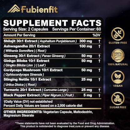 Fubienfit Shilajit Kapseln – Premium Shilajit für Männer mit Ashwagandha, Ginseng und Fulvinsäure – 120 Kapseln