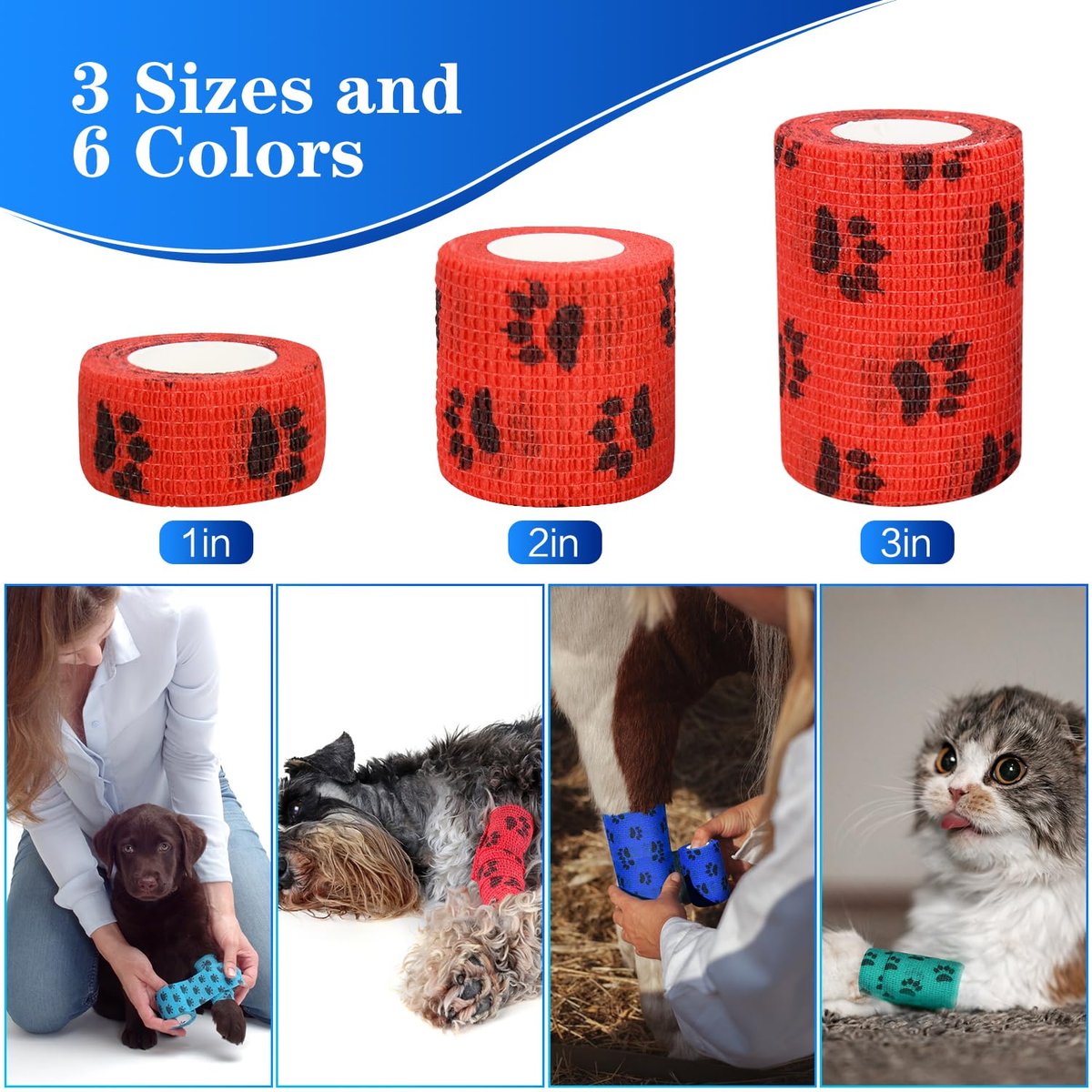 FGBNM 6er-Pack Tierarzt-Wickel, 5 cm selbstklebende Bandagen, Vlies-Pfotenabdrücke für Hunde, Haustiere und Knöchelverstauchungen