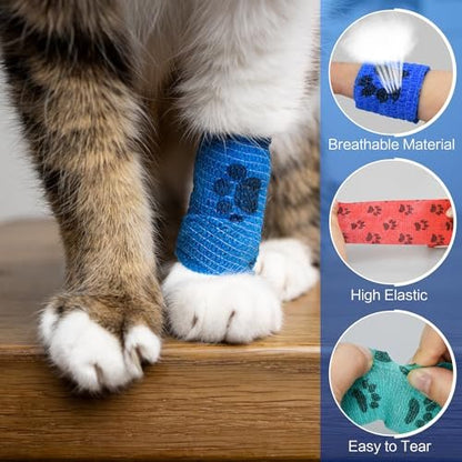FGBNM 6er-Pack Tierarzt-Wickel, 5 cm selbstklebende Bandagen, Vlies-Pfotenabdrücke für Hunde, Haustiere und Knöchelverstauchungen