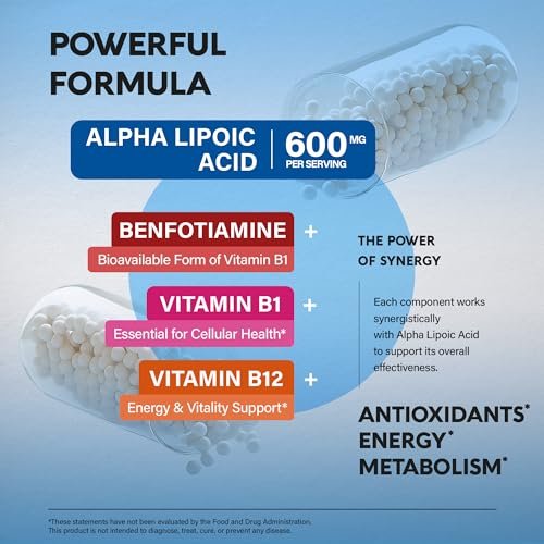Alpha-Liponsäure 600mg - ALA Nahrungsergänzungsmittel Antioxidans für Nerven-, Energie- und Stoffwechselunterstützung - Extra stark mit Benfotiamin, B1 & B12 - Labor getestet, NON-GMO & Vegan - 120 Kapseln, 2 Monatsvorrat