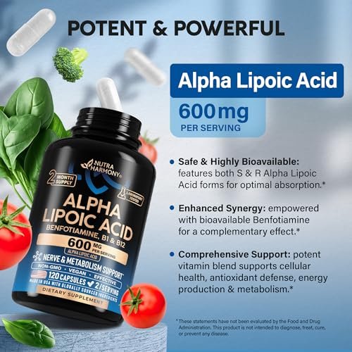 Alpha-Liponsäure 600mg - ALA Nahrungsergänzungsmittel Antioxidans für Nerven-, Energie- und Stoffwechselunterstützung - Extra stark mit Benfotiamin, B1 & B12 - Labor getestet, NON-GMO & Vegan - 120 Kapseln, 2 Monatsvorrat