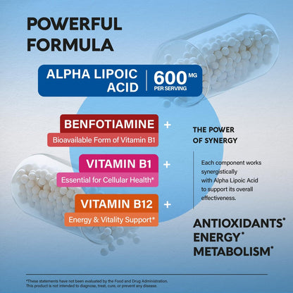 Alpha-Liponsäure 600mg - ALA Nahrungsergänzungsmittel Antioxidans für Nerven-, Energie- und Stoffwechselunterstützung - Extra stark mit Benfotiamin, B1 & B12 - Labor getestet, NON-GMO & Vegan - 120 Kapseln, 2 Monatsvorrat