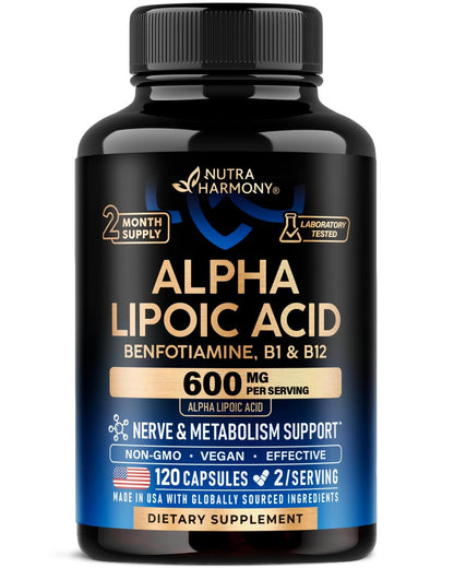 Alpha-Liponsäure 600mg - ALA Nahrungsergänzungsmittel Antioxidans für Nerven-, Energie- und Stoffwechselunterstützung - Extra stark mit Benfotiamin, B1 & B12 - Labor getestet, NON-GMO & Vegan - 120 Kapseln, 2 Monatsvorrat
