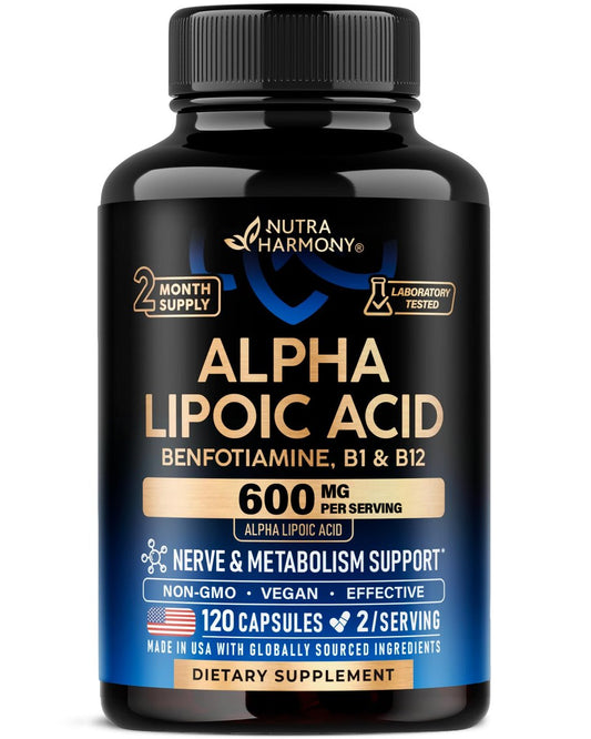 Alpha-Liponsäure 600mg - ALA Nahrungsergänzungsmittel Antioxidans für Nerven-, Energie- und Stoffwechselunterstützung - Extra stark mit Benfotiamin, B1 & B12 - Labor getestet, NON-GMO & Vegan - 120 Kapseln, 2 Monatsvorrat