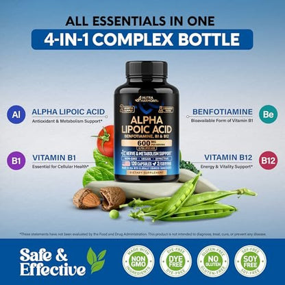 Alpha-Liponsäure 600mg - ALA Nahrungsergänzungsmittel Antioxidans für Nerven-, Energie- und Stoffwechselunterstützung - Extra stark mit Benfotiamin, B1 & B12 - Labor getestet, NON-GMO & Vegan - 120 Kapseln, 2 Monatsvorrat