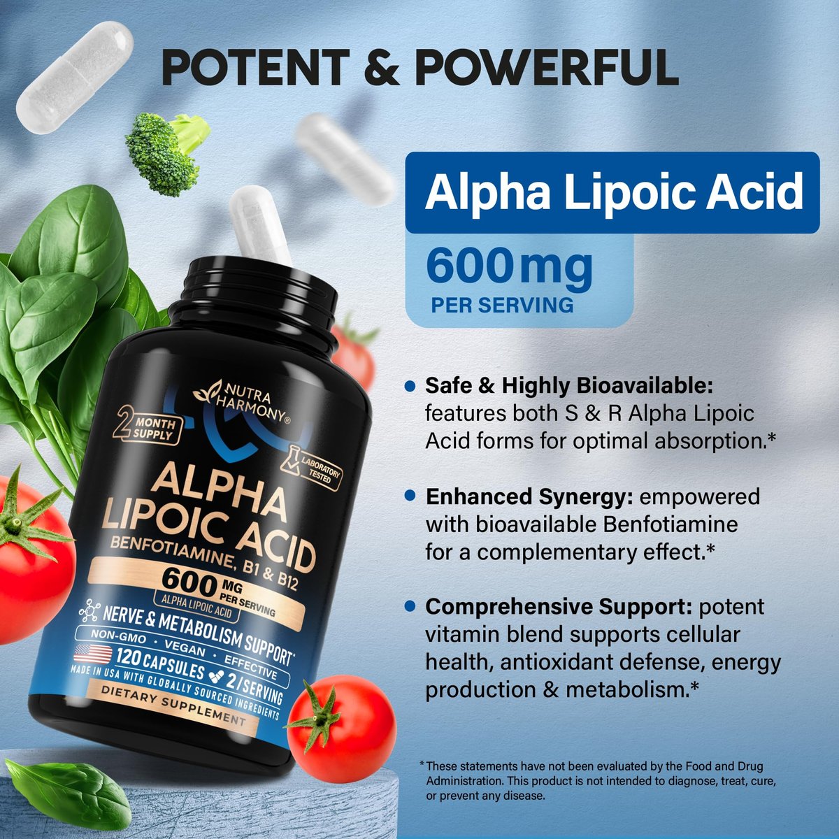 Alpha-Liponsäure 600mg - ALA Nahrungsergänzungsmittel Antioxidans für Nerven-, Energie- und Stoffwechselunterstützung - Extra stark mit Benfotiamin, B1 & B12 - Labor getestet, NON-GMO & Vegan - 120 Kapseln, 2 Monatsvorrat