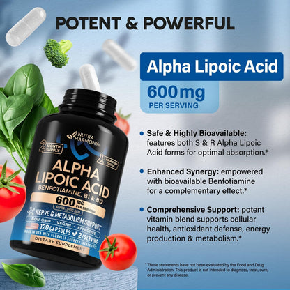 Alpha-Liponsäure 600mg - ALA Nahrungsergänzungsmittel Antioxidans für Nerven-, Energie- und Stoffwechselunterstützung - Extra stark mit Benfotiamin, B1 & B12 - Labor getestet, NON-GMO & Vegan - 120 Kapseln, 2 Monatsvorrat