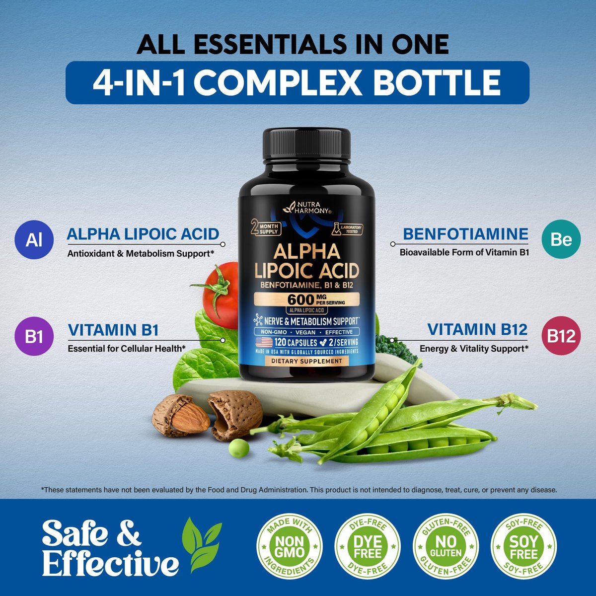 Alpha-Liponsäure 600mg - ALA Nahrungsergänzungsmittel Antioxidans für Nerven-, Energie- und Stoffwechselunterstützung - Extra stark mit Benfotiamin, B1 & B12 - Labor getestet, NON-GMO & Vegan - 120 Kapseln, 2 Monatsvorrat