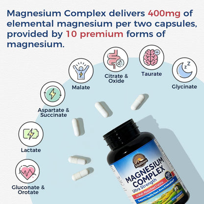 Vitalitown 10-in-1 Magnesium-Komplex – 400 mg elementares Magnesium mit Glycinat, Citrat, Malat, Taurat u.v.m. – für Schlaf, Herz, Energie – Vegan, Non-GMO, 90 Kapseln