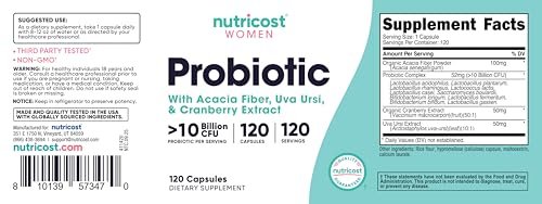 Nutricost Probiotikum für Frauen 10 Milliarden KBE, 120 Kapseln – Komplex mit Akazienfaser, Bärentraube und Cranberry-Extrakt, Non-GMO & Glutenfrei