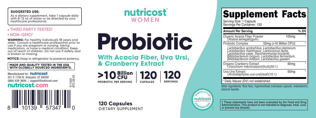 Nutricost Probiotikum für Frauen 10 Milliarden KBE, 120 Kapseln – Komplex mit Akazienfaser, Bärentraube und Cranberry-Extrakt, Non-GMO & Glutenfrei