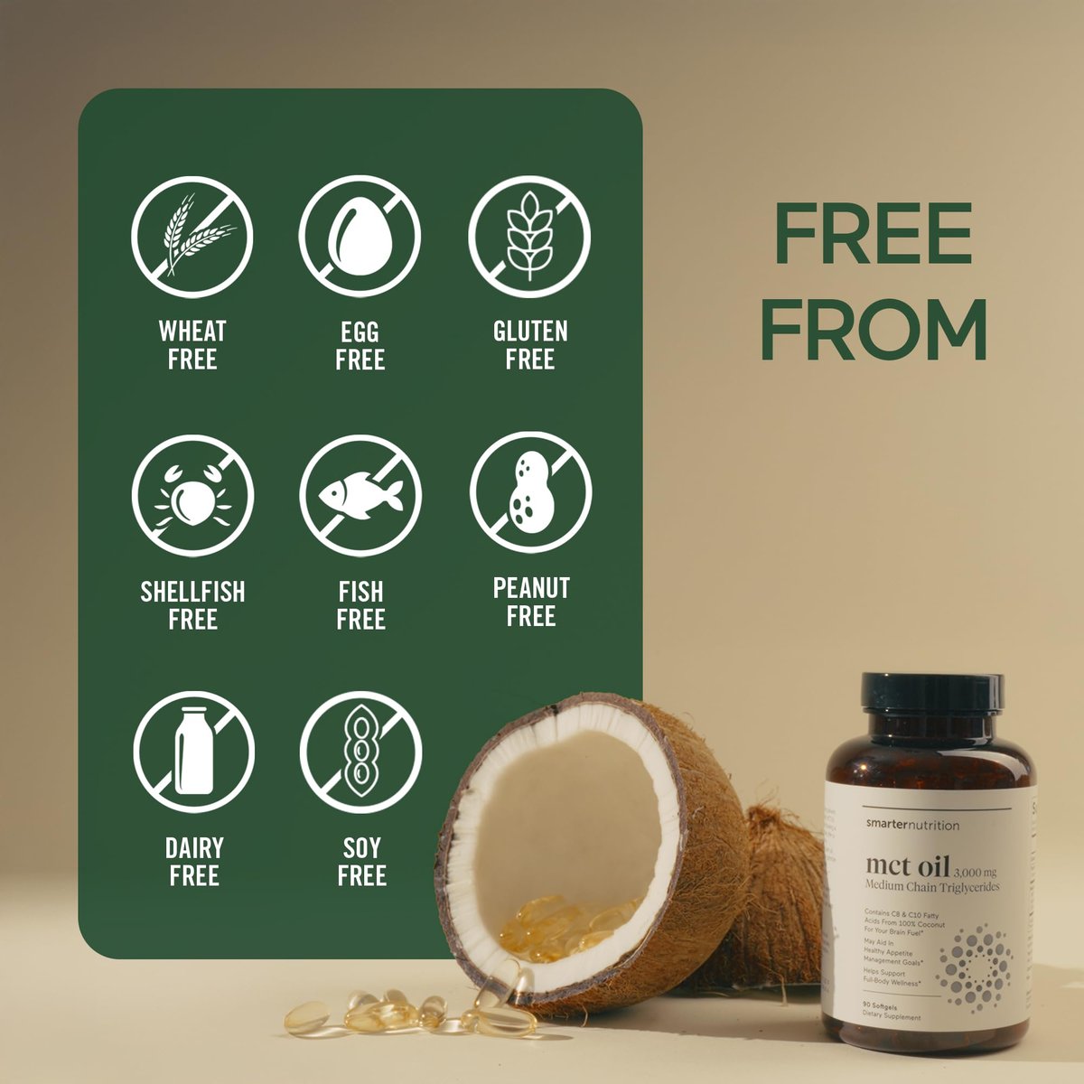 SMARTERNUTRITION MCT Öl Kapseln C8 und C10 - Keton-Brennstoff für Gehirn & Körper, anhaltende Energie - aus kaltgepresster Kokosnuss, Palm & glutenfrei, Nicht-GVO - 90 Kapseln - 30-Tage-Vorrat