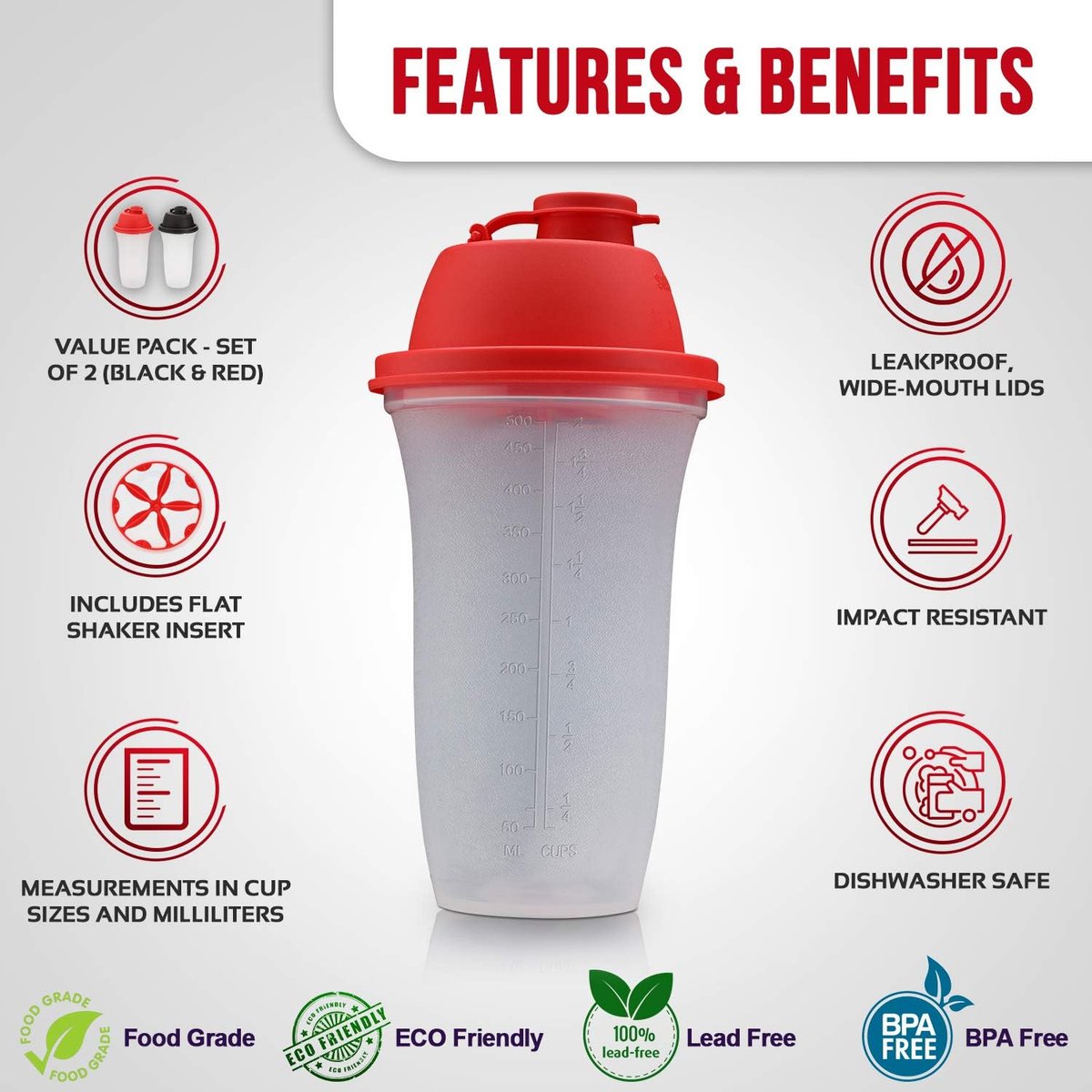 SIGNORA WARE Shaker Flasche 17 Unzen – Protein-Shaker-Becher aus Kunststoff für Mahlzeitenersatz-Shakes, Smoothies, Dressings, Saucen, Margarita und mehr