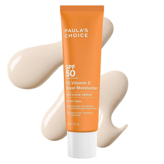 Paula's Choice 5% Vitamin C Sheer Sonnenschutz für das Gesicht, SPF 50 Gesichtssonnenschutz, Feuchtigkeitsspendend, Leicht und Unsichtbar, Verhindert Dunkle Flecken, Kein Weißelstich, Alle Hauttypen, UVA/UVB-Schutz, Duftfrei, 60 ml