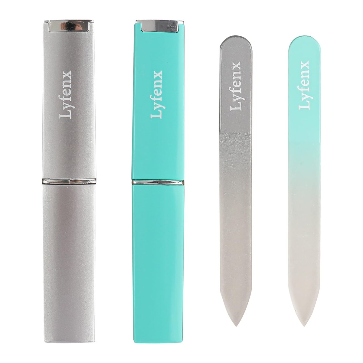 LYFENX 2er-Pack Mini Glasnagelfeile mit Etui für Naturnägel – 2 mm Dicke Elegante Kristall-Nagelfeile, Doppelseitig Geätzt, Sanfte Nagelpflege, Reise-Geschenkideen, Silber & Grün