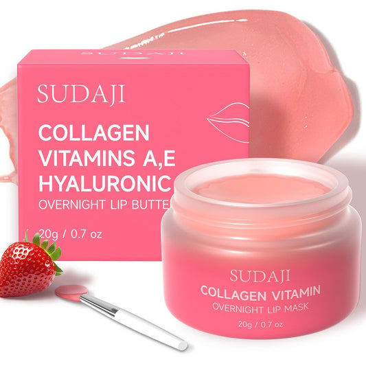 SUDAJI Collagen Lippenmaske – Feuchtigkeitsspendender Lippenbalsam mit Hyaluronsäure & Vitamin E, A – Über Nacht pflegende Lippenbutter für trockene Lippen 0,7 Unzen