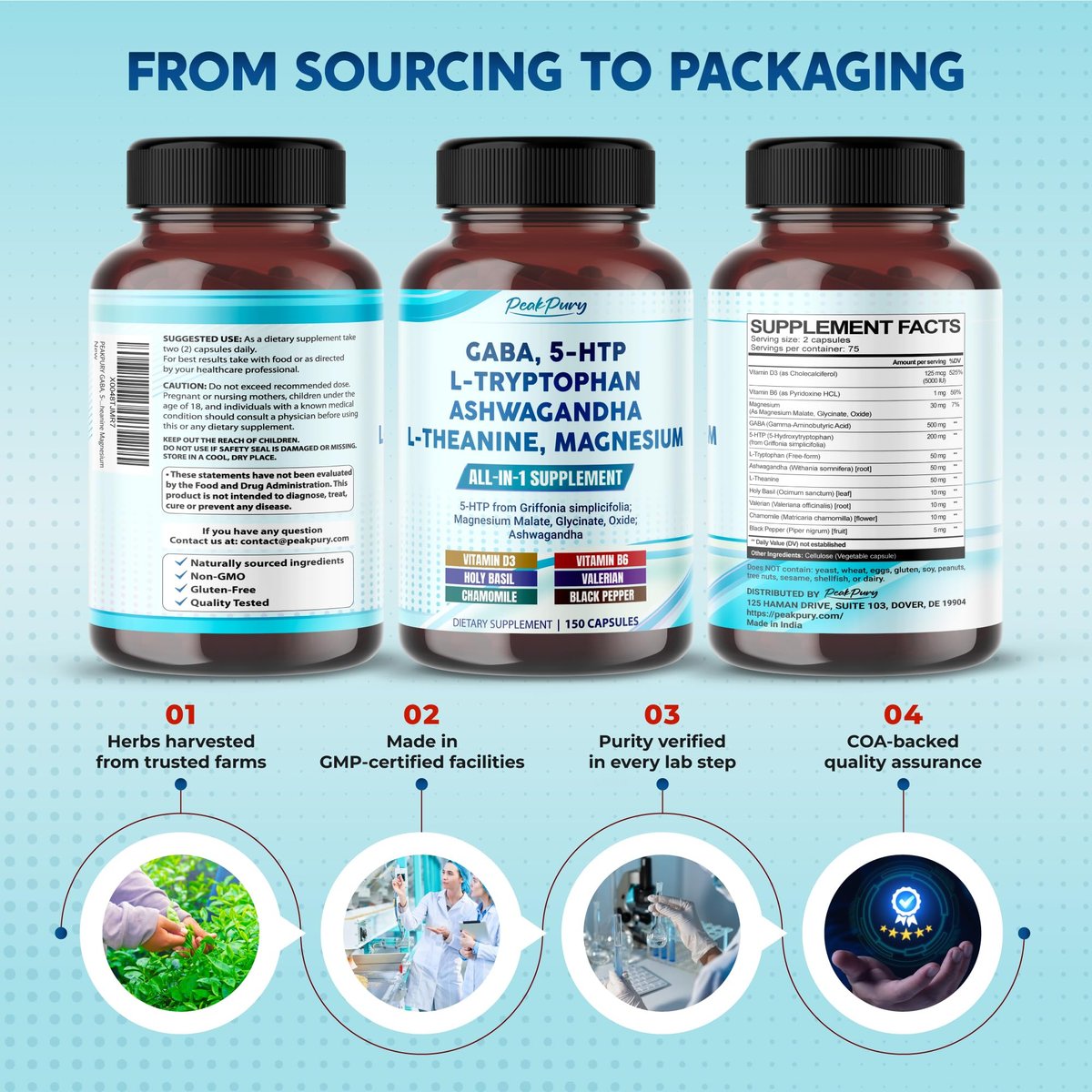 PEAKPURY GABA, 5-HTP, L-Tryptophan, Ashwagandha, Kamille, L-Theanin, Magnesium – 150 Kapseln