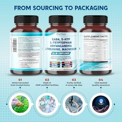 PEAKPURY GABA, 5-HTP, L-Tryptophan, Ashwagandha, Kamille, L-Theanin, Magnesium – 150 Kapseln