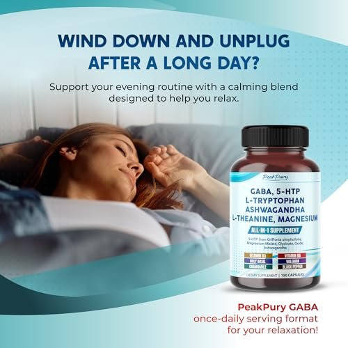PEAKPURY GABA, 5-HTP, L-Tryptophan, Ashwagandha, Kamille, L-Theanin, Magnesium – 150 Kapseln