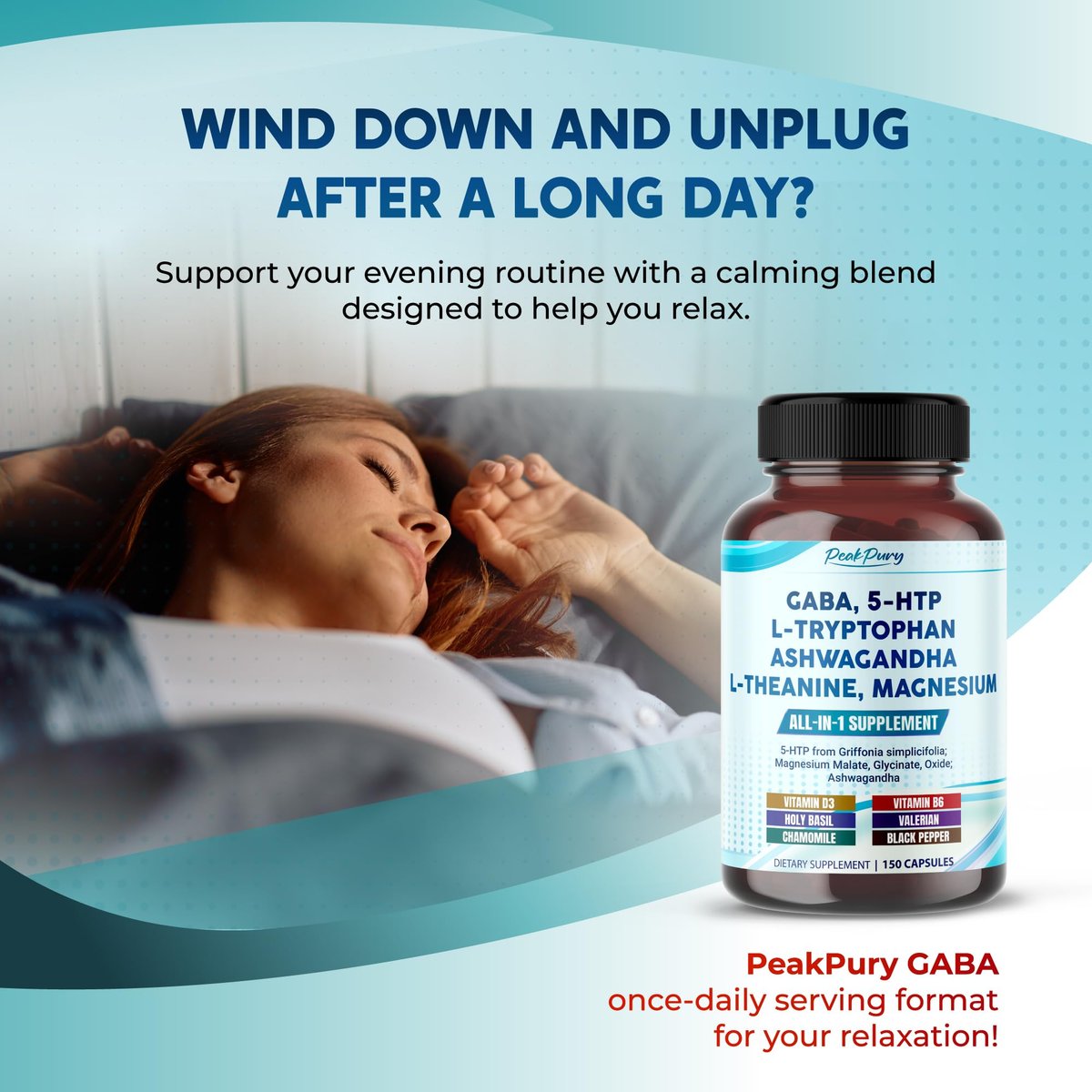 PEAKPURY GABA, 5-HTP, L-Tryptophan, Ashwagandha, Kamille, L-Theanin, Magnesium – 150 Kapseln