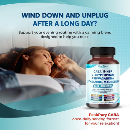 PEAKPURY GABA, 5-HTP, L-Tryptophan, Ashwagandha, Kamille, L-Theanin, Magnesium – 150 Kapseln
