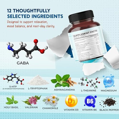 PEAKPURY GABA, 5-HTP, L-Tryptophan, Ashwagandha, Kamille, L-Theanin, Magnesium – 150 Kapseln