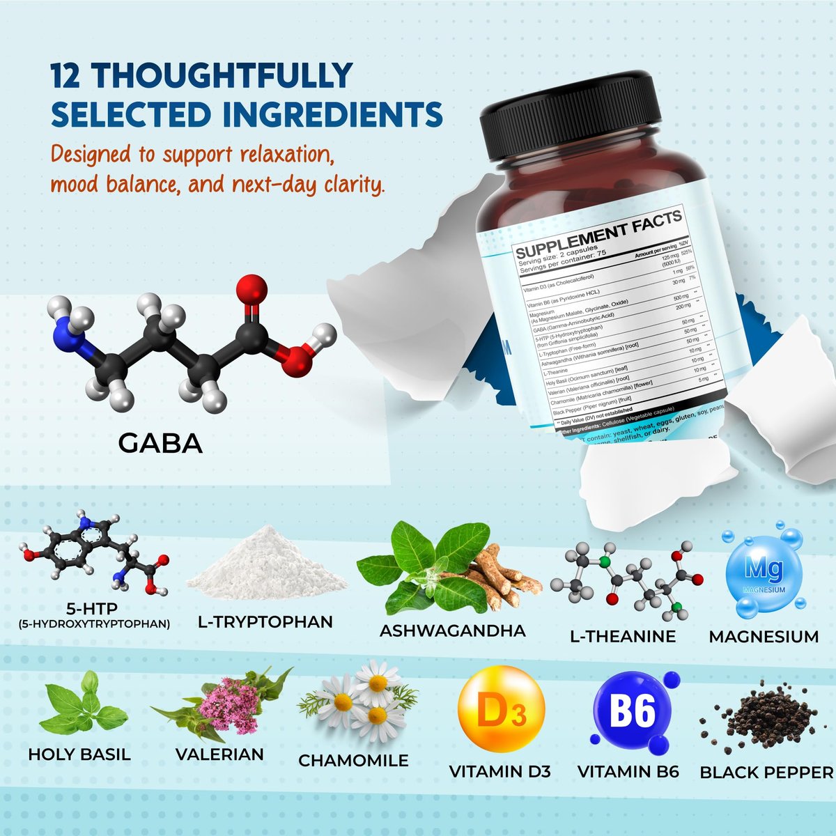 PEAKPURY GABA, 5-HTP, L-Tryptophan, Ashwagandha, Kamille, L-Theanin, Magnesium – 150 Kapseln