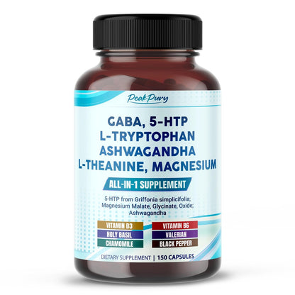 PEAKPURY GABA, 5-HTP, L-Tryptophan, Ashwagandha, Kamille, L-Theanin, Magnesium – 150 Kapseln