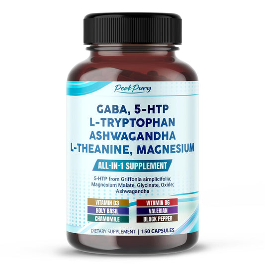 PEAKPURY GABA, 5-HTP, L-Tryptophan, Ashwagandha, Kamille, L-Theanin, Magnesium – 150 Kapseln