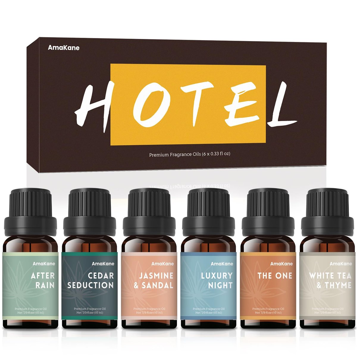 AmaKane Hotel Duftöle Set – 6x10ml Luxuriöse Düfte: White Tea & Thyme, Jasmine & Sandal, Luxury Night u.v.m. für Aromatherapie, Diffuser, Kerzenherstellung & Seifenherstellung
