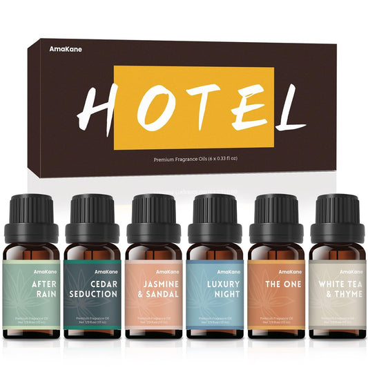 AmaKane Hotel Duftöle Set – 6x10ml Luxuriöse Düfte: White Tea & Thyme, Jasmine & Sandal, Luxury Night u.v.m. für Aromatherapie, Diffuser, Kerzenherstellung & Seifenherstellung
