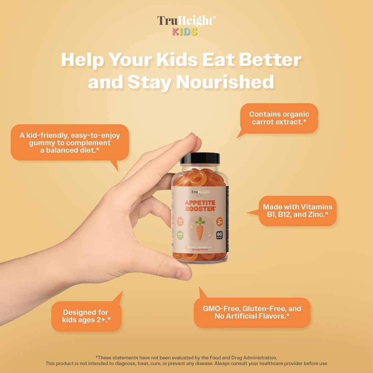 TruHeight Kids Appetite Booster Gummies – Natürlicher Appetitanreger für Kinder ab 2 Jahren (Orange, 60 Stück)