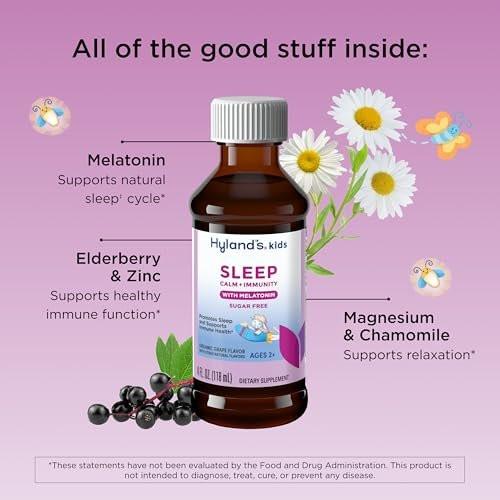 Hyland's Kids Schlaf Ruhe & Immunität mit Melatonin – Zuckerfreies Schlafmittel flüssig mit Magnesium, Vitamin D, Zink & Holunderbeere – Fördert Schlaf & unterstützt Immunsystem – ab 2 Jahren – Traubengeschmack – 118 ml