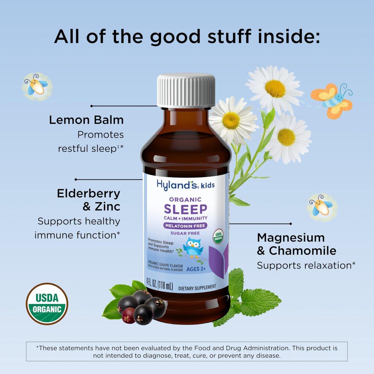Hyland's Kids Melatonin-freies Bio-Schlafmittel Calm & Immunity Liquid, Zuckerfrei mit Magnesium, Vitamin D, Zink & Holunderbeere, Fördert Schlaf & unterstützt Immunsystem, Alter 2+, Traubengeschmack, 118 ml