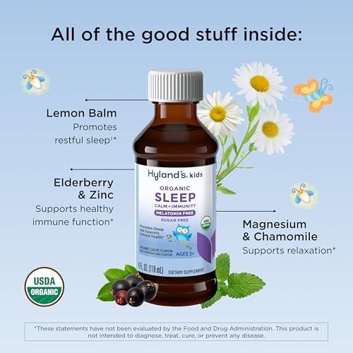 Hyland's Kids Melatonin-freies Bio-Schlafmittel Calm & Immunity Liquid, Zuckerfrei mit Magnesium, Vitamin D, Zink & Holunderbeere, Fördert Schlaf & unterstützt Immunsystem, Alter 2+, Traubengeschmack, 118 ml